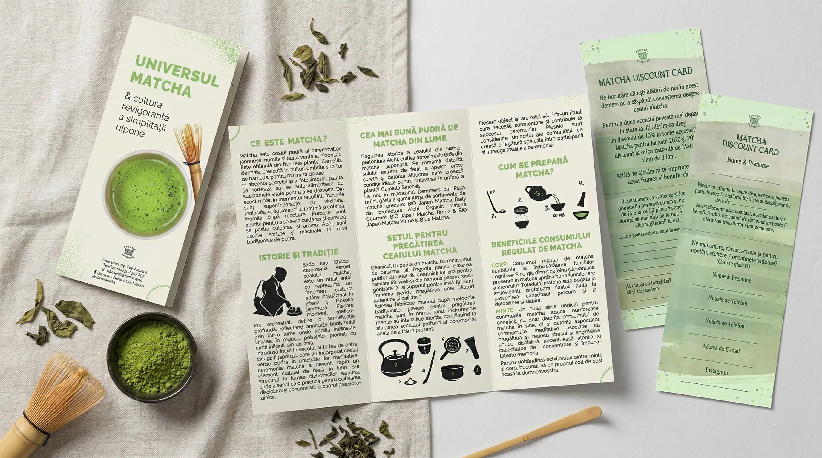 Demmers Teehaus — matcha print communication mock-up